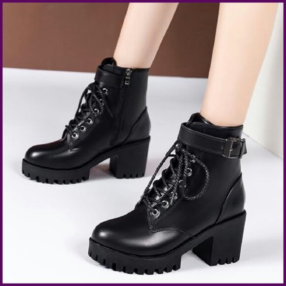 Chunky Heel Combat Boots with Side Zipper, Non-Slip Lug Sole, Buckle Strap - Picture 7 of 7